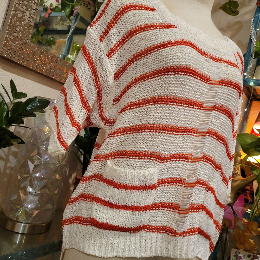 White Red Striped BeachySweater Dolman Pocket Oversized Swim Cover-Up Coastal